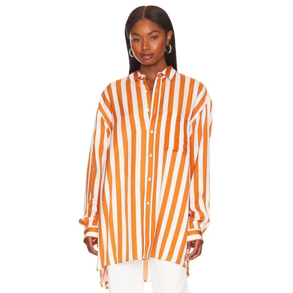 Blanca Womens Vita Dillon Button Up Shirt Tencel Blend Orange White Size‎ XS/S